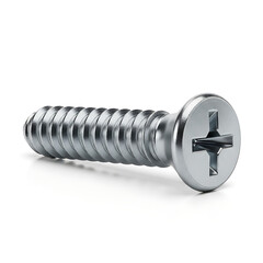 Close-up of a shiny metallic Phillips head screw, a vital piece of industrial hardware against a clean white background