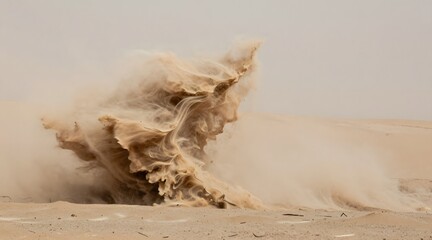 Sand cloud erupts dramatically from a dune in a hot desert landscape