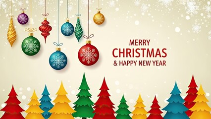 Merry christmas and happy new year greeting with colorful trees and baubles