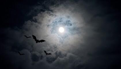 Full Moon Night Scene &ndash; Dark Clouds with Flying Bats and Mysterious Gothic Atmosphere
