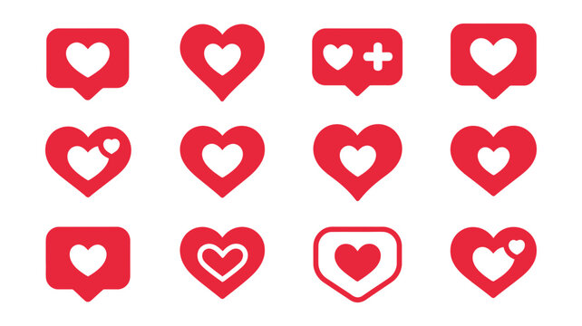 A vibrant collection of diverse red heart icons for social media likes and reactions