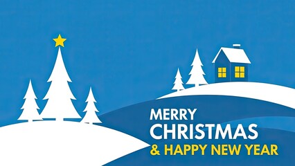 Merry christmas and happy new year greeting card with snowy landscape