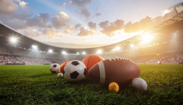 Various sports balls arranged on grassy field in a stadium showcasing multiple sports in vibrant atmosphere during competitive event - Powered by Adobe