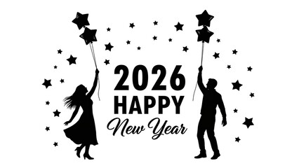Happy new year 2026 celebration with couple and balloons