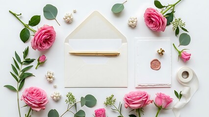 Elegant wedding invitation with pink roses and gold pen