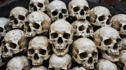 Pile of human skulls creates a macabre scene, evoking themes of mortality and transience