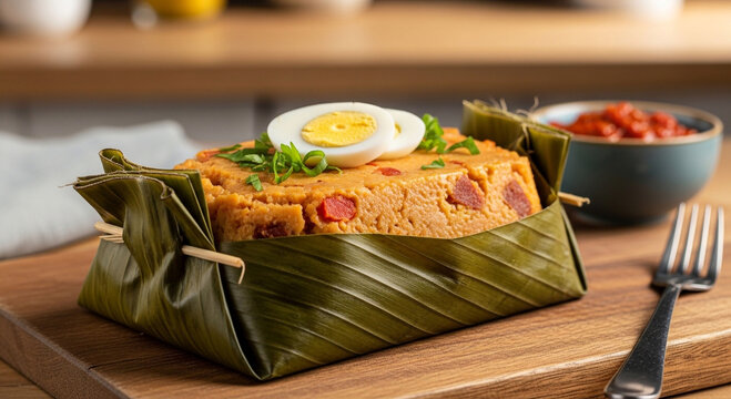 Authentic Nigerian Moi Moi (Moin Moin) Steamed Bean Pudding Wrapped in Banana Leaves with Hard-Boiled Egg Garnish, Served with Sauce