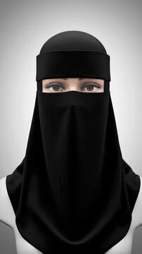 A line drawing transforms into a realistic 3D model of a woman. She wears a traditional black niqab, revealing only her expressive eyes.