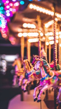 tennessine. A vibrant carousel at night with colorful horses and festive lights. wildlife magazines, conservation campaigns, designed for wildlife conservation campaigns.
