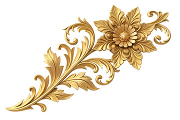 golden ornate floral decoration with leaves isolated on transparent background