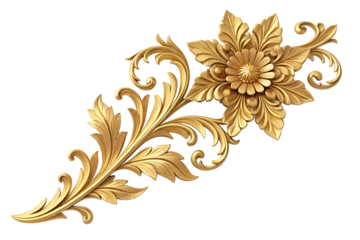 golden ornate floral decoration with leaves isolated on transparent background