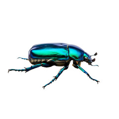 A close-up of an iridescent blue-green beetle for wildlife and insect studies. PNG, transparent, isolated, transparent background.