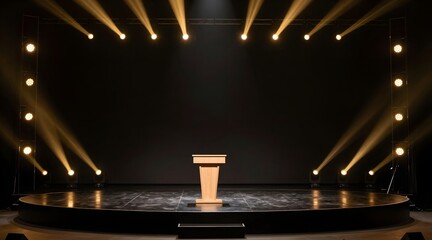 Empty stage illuminated by spotlights with a wooden podium at center stage