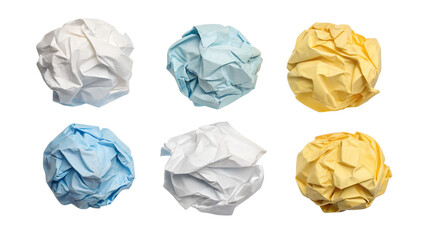 Set of crumpled paper balls isolated on transparent background