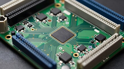 Close up view of modern green circuit board with processors and chips