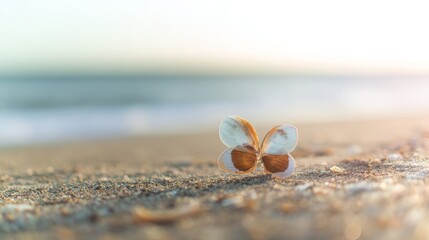 mediocrity. Butterfly seashell resting on sandy beach with soft focus and ocean background. wildlife magazines, conservation campaigns, designed for wildlife conservation campaigns.
