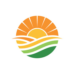 Minimal flat logo of a sunrise over rolling fields and water, warm orange sun rays, flowing layered waves,