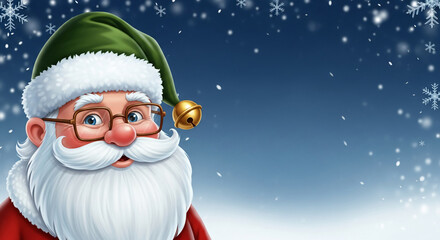 Cartoon illustration of bearded character with green hat, eyeglasses and jingle bell, under falling snowflakes, representative of winter holidays