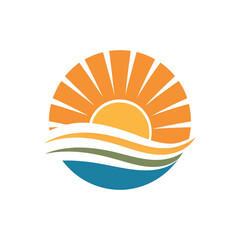 Minimal flat logo of a sunrise over rolling fields and water, warm orange sun rays, flowing layered waves,