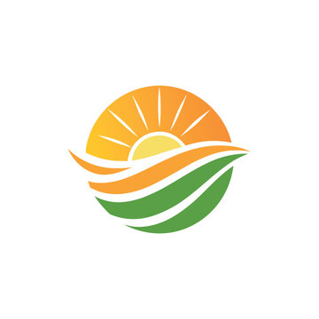 Minimal flat logo of a sunrise over rolling fields and water, warm orange sun rays, flowing layered waves,