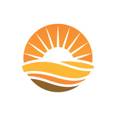 Minimal flat logo of a sunrise over rolling fields and water, warm orange sun rays, flowing layered waves,