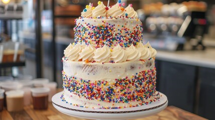 A festive multi-layered dessert with colourful sprinkles will be a bright decoration for culinary blogs, providing an appetising backdrop for advertising confectionery products.