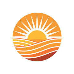 Minimal flat logo of a sunrise over rolling fields and water, warm orange sun rays, flowing layered waves,