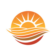 Minimal flat logo of a sunrise over rolling fields and water, warm orange sun rays, flowing layered waves,