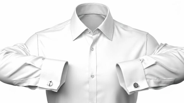 A white dress shirt transforms from sketch to realistic 3D render. Sleeves are rolled up, revealing elegant cufflinks on the cuffs.
