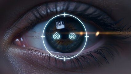 Close up of human eye with digital biometric scanning HUD for cybersecurity and identity verification technology