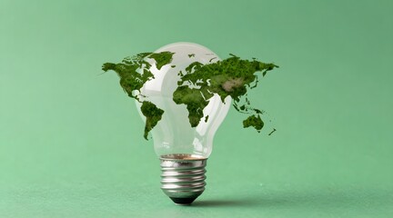 Illustration of lightbulb filled with green map of the world on light green background