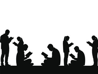 Silhouettes of people reading books in various postures against a white background