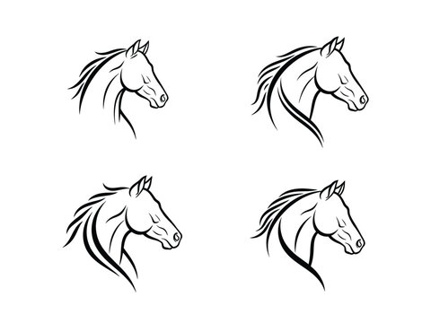 Four black and white sketches of horse heads in a grid pattern
