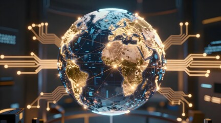Digital earth globe with connected circuit boards around it