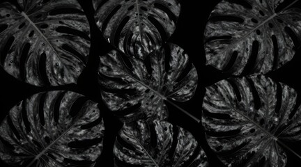 Monochrome image features several swiss cheese plant leaves in elegant arrangement