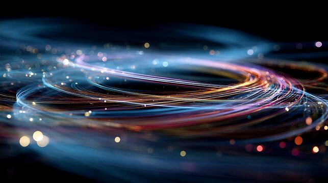 Colorful swirling light trails and bokeh effect against a dark background, abstract design - Powered by Adobe