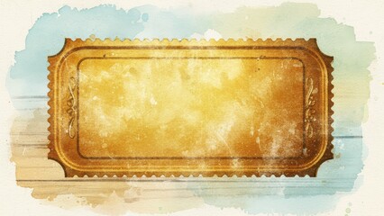 Vintage golden ticket stub with ornate details on watercolor background