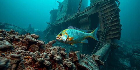A solitary, iridescent fish explores a sunken shipwreck, ancient debris surrounding it,  marine archaeology,  wildlife