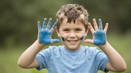 Cheerful young boy shows his painted hands outside in the garden