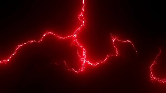 Dynamic red lightning strikes energy flow on black background