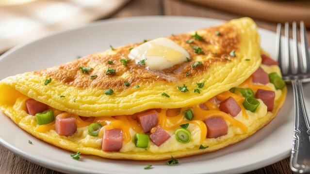 Delicious omelette with ham cheese and green onions on a plate
