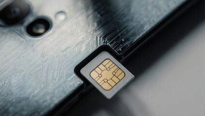 Close-up of a small, rectangular SIM card nestled within a device's intricate circuit board