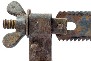 Fragment of old hacksaw on a white background