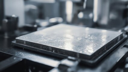 Close-up of a square metallic plate in an industrial setting, with blurred background