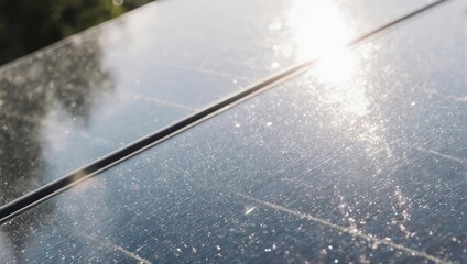 Close-up of a solar panel glistening in sunlight, with dust and debris visible on surface
