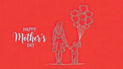 Happy mother's day illustration of mother and child with heart balloons