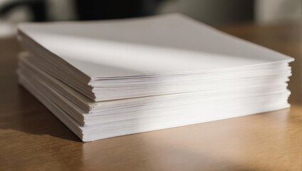 Close-up of a stack of crisp, white paper sheets on a wooden table, bathed in sunlight