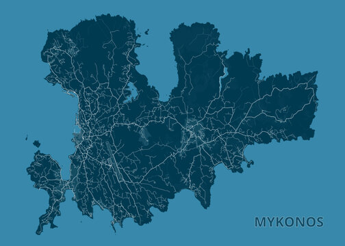 map of Mykonos Island, Greece, set against a teal background. The island's shape is clearly defined, with a network of white lines representing the roads and streets.