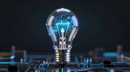 Lightbulb filled with technology concept stands on a circuit board