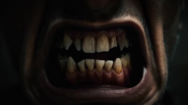 Intense closeup of fierce snarling mouth with sharp teeth in motion
